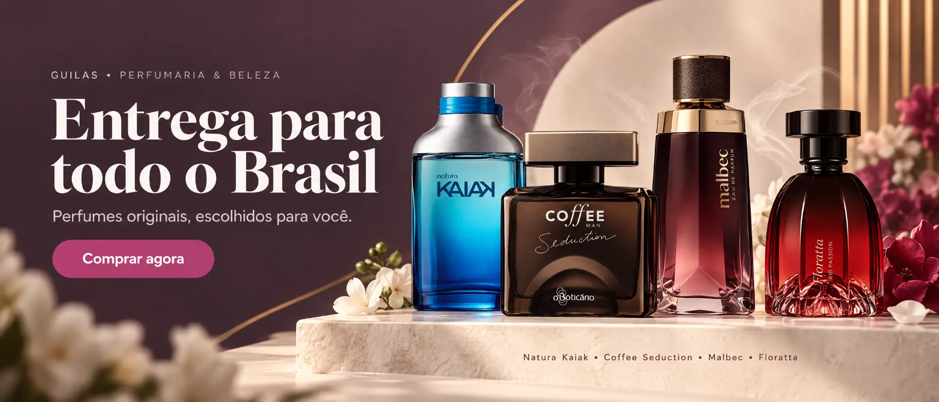 Perfumes Natura Kaiak, Coffee Man Seduction, Malbec e Floratta Red Passion sobre uma bancada de mármore, com o texto Entrega para todo o Brasil e o botão Comprar agora